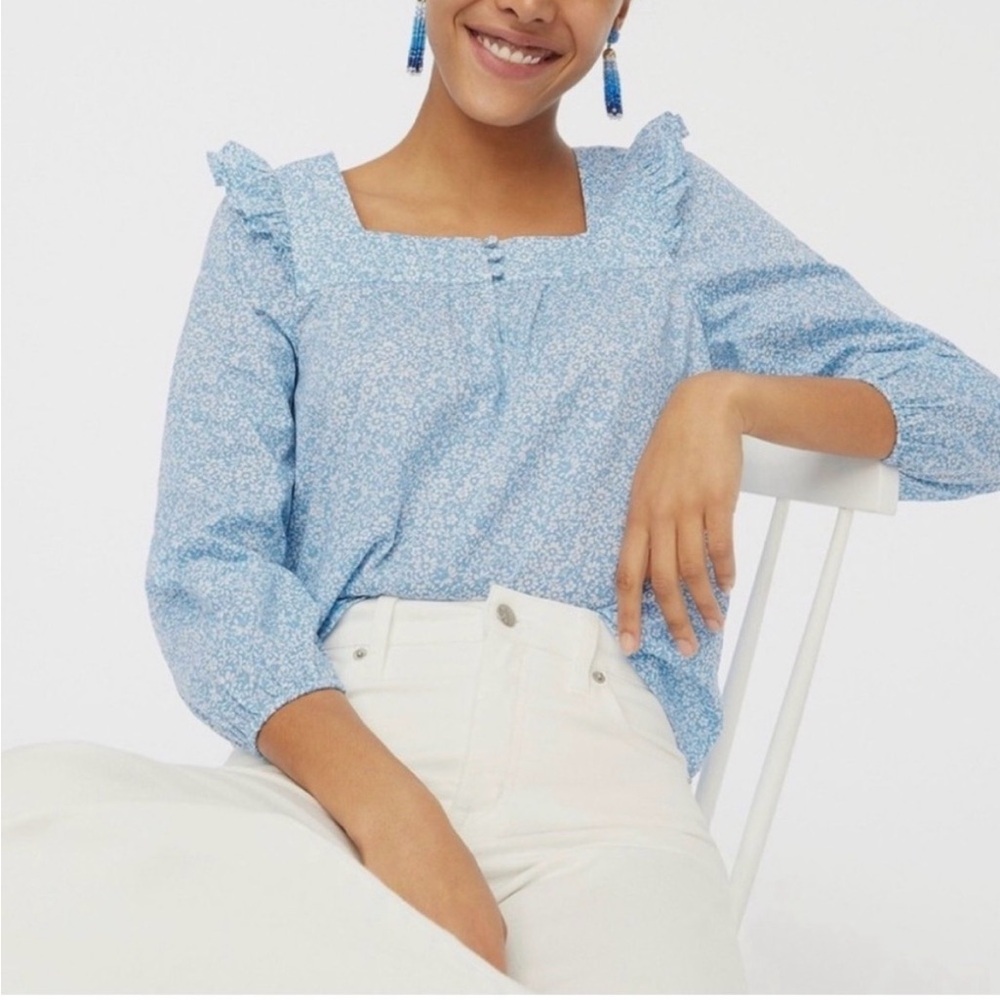 J. Crew Light Blue Floral Square-Neck Ruffle Blouse